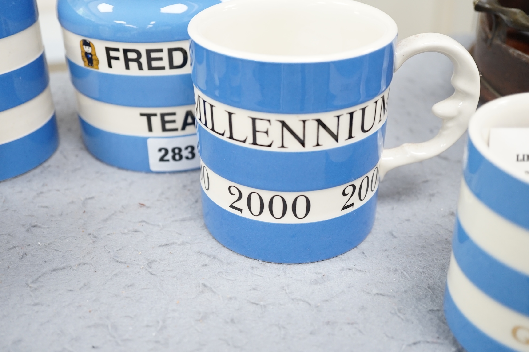 T.G.Green Cornish Kitchenware, nine modern limited edition pieces, to include a Fred's Tea lidded storage jar, 17cm high, Cocoa mug, jelly mould, flour sifter, etc. Condition - good